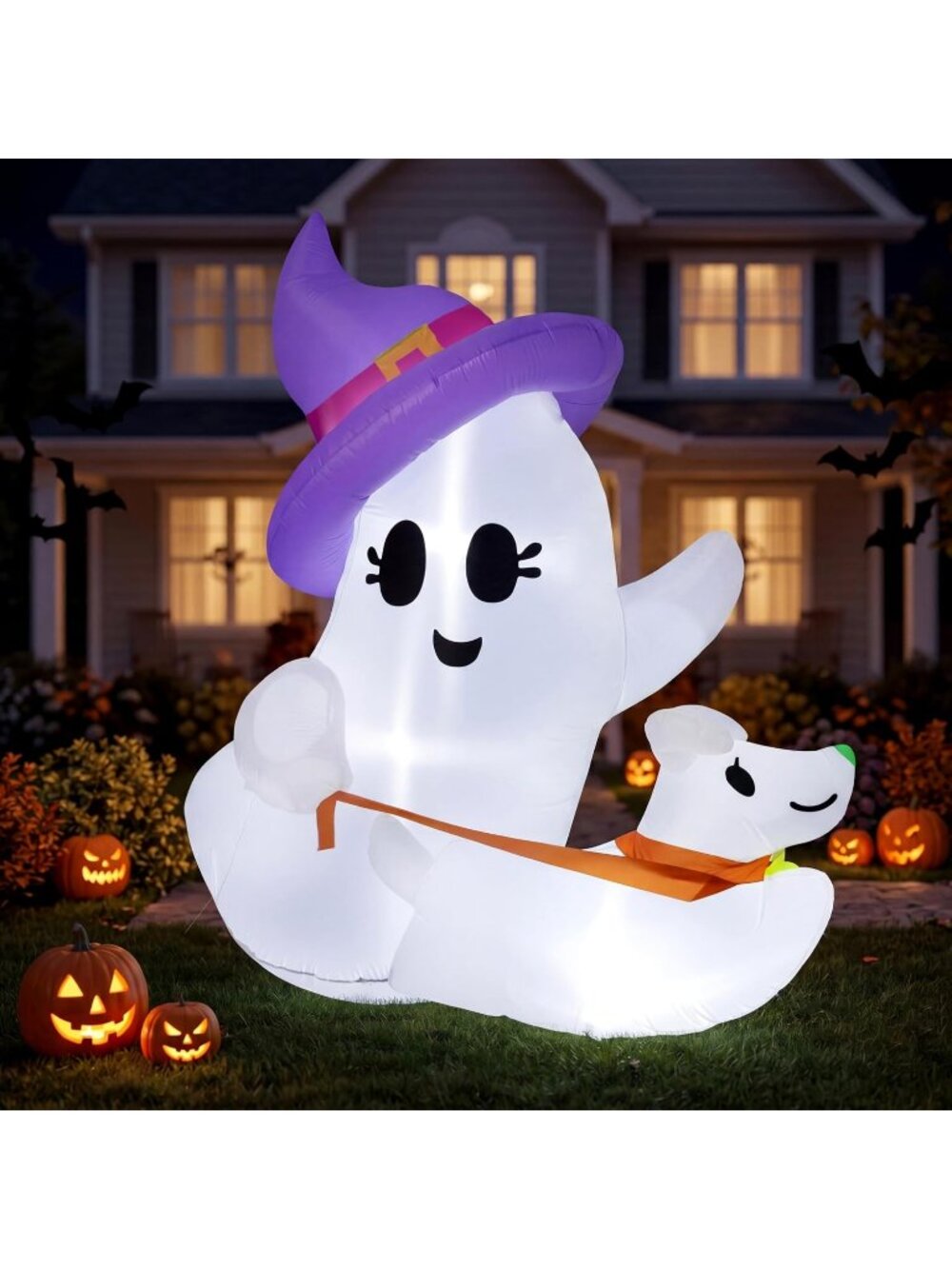 🎃6 FT Halloween Inflatables Cute White Ghost Walking Dog with LED Light Decor